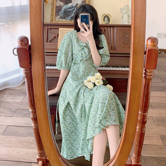 Ya Yajia large size Korean version of the green leaf fairy lakeside floral dress female summer fat sister chiffon dress
