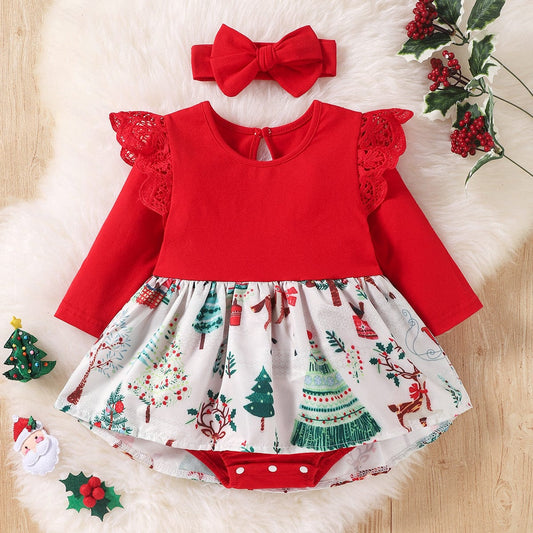 Christmas Long Sleeve Onesie with Ruffled Lace Skirt and Cartoon Print - Baby Romper with Headband Set