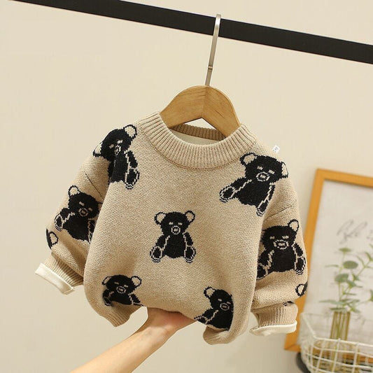 Children's sweater 2022 autumn and winter new baby boy warm top children's bottoming shirt bear knitted sweater plus velvet thick