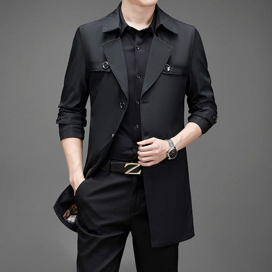 Windbreaker men's long business fashion autumn 2021 autumn Korean version of the trend Slim lapel jacket on clothes