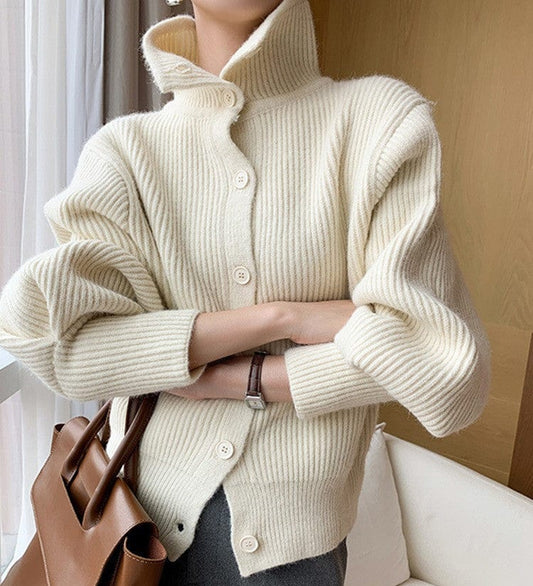 Women's 2021 autumn and winter new casual solid color street wind code high collar loose collar sweater cardigan tide