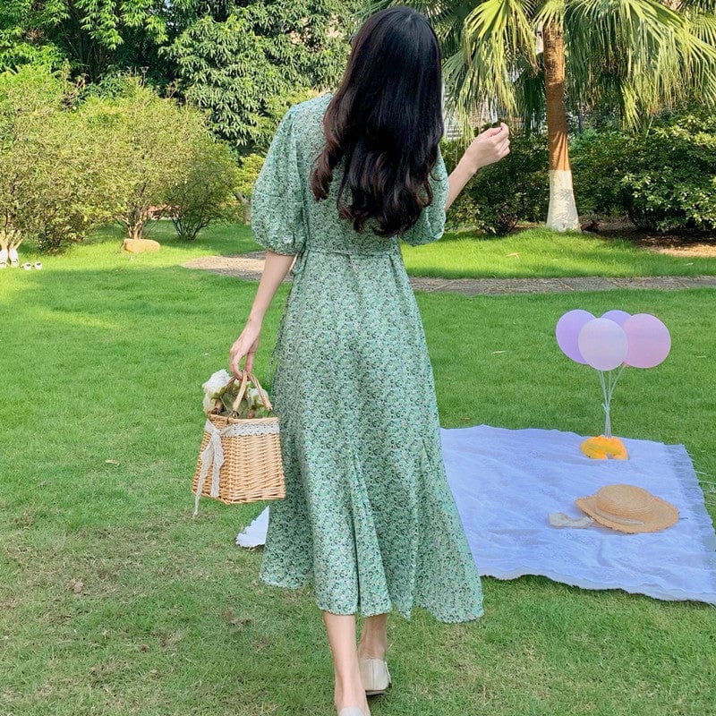 Ya Yajia grande taille version coréenne de la feuille verte fée au bord du lac robe florale femme été grosse soeur robe en mousseline de soie