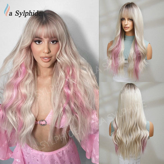 Long Curly Hair Wig Women's bangs Pink Platinum Rose Net Full Headset Long wig