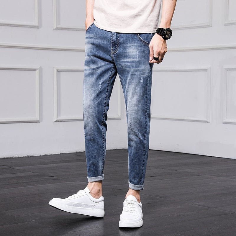 Jeans Pantalones para hombres Hombres 2021 Primavera y otoño Versión coreana de la tendencia del agujero Pantalones delgados de nueve pantalones con pies pantalones para hombres