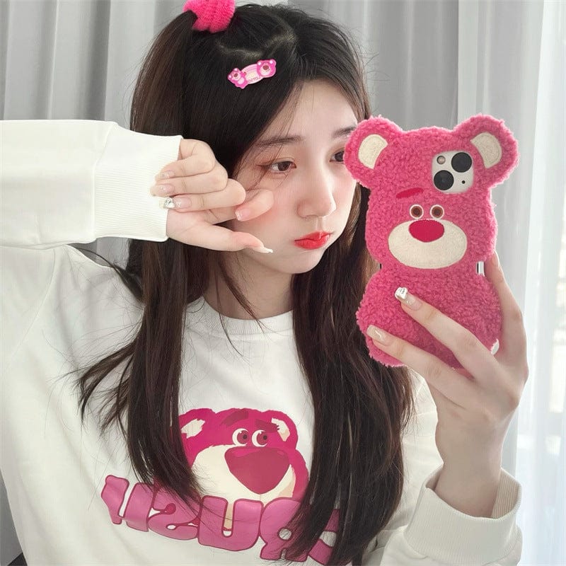 Three-dimensional plush strawberry bear iPhone14 suitable for 11 Apple 12/13PROMAX mobile phone case 13/14pro case