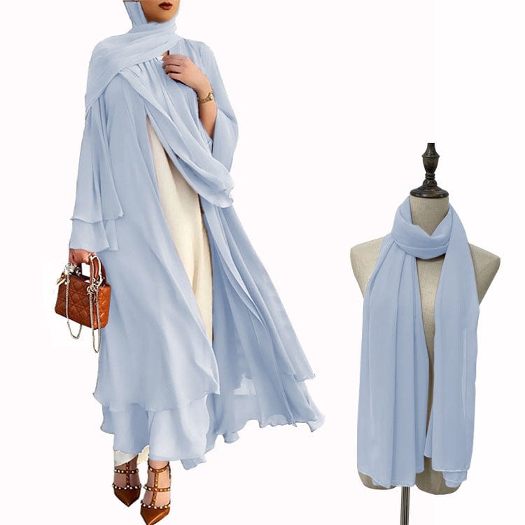 Factory direct supply Yiduoduo European and American solid color cardigan soft chiffon large size women's dress with headscarf 21419