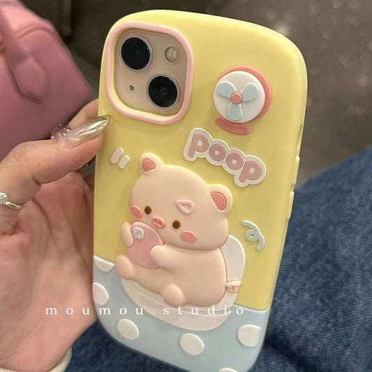 Rotating fan pig apple 12pro cartoon toilet pig phone14promax silicone xr, xs phone case 13