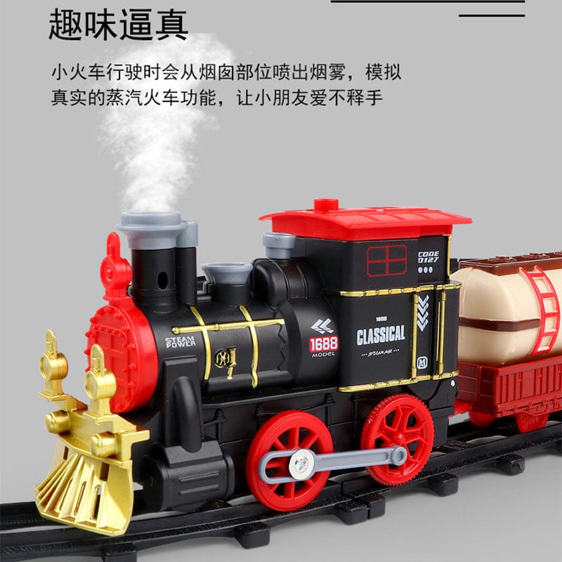 Simulation classical smoke train children electric rail car charging retro steam train boys music light