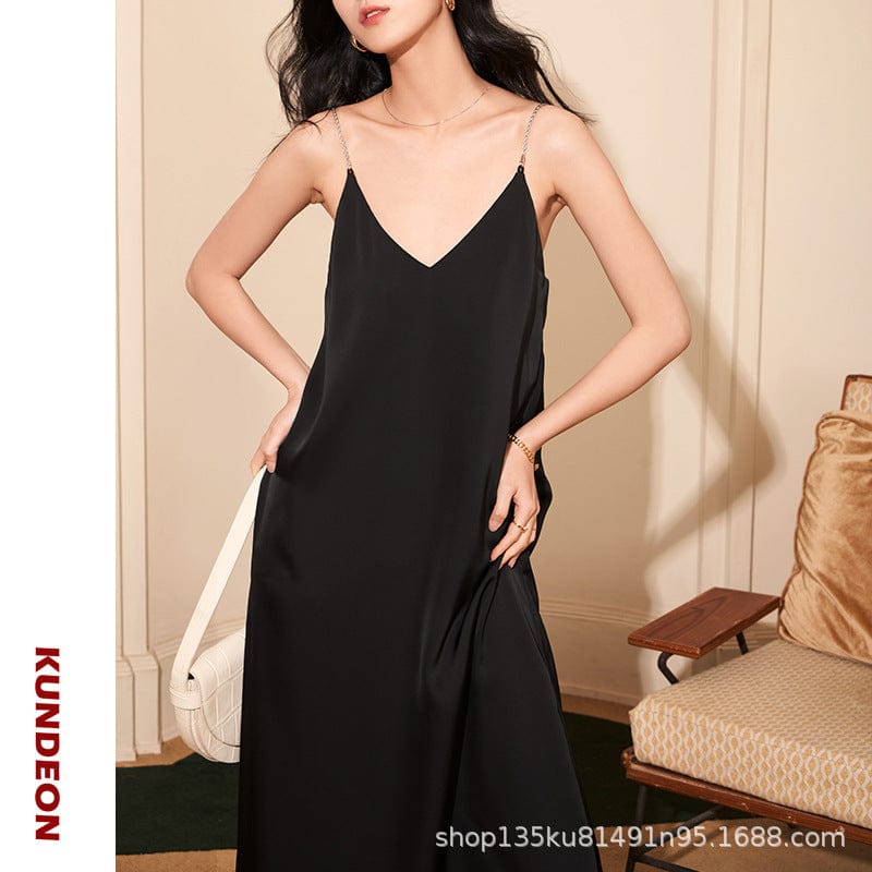 Temperament V-neck satin suspender dress female summer 2021 Korean drape mid-length inner skirt CX21K1055