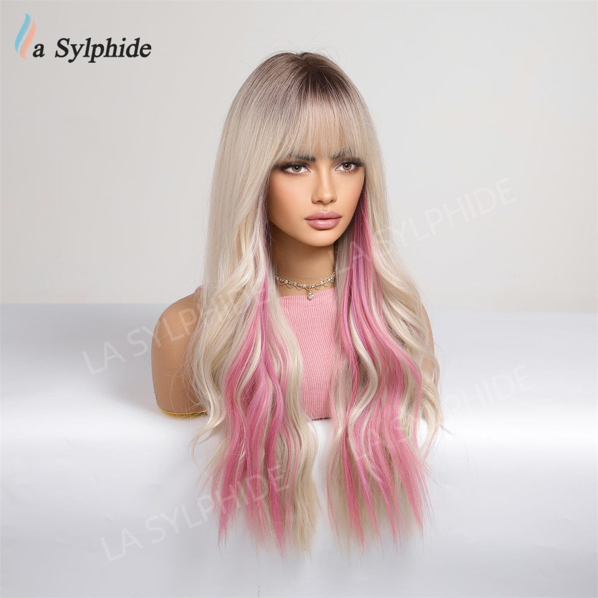 Long Curly Hair Wig Women's bangs Pink Platinum Rose Net Full Headset Long wig