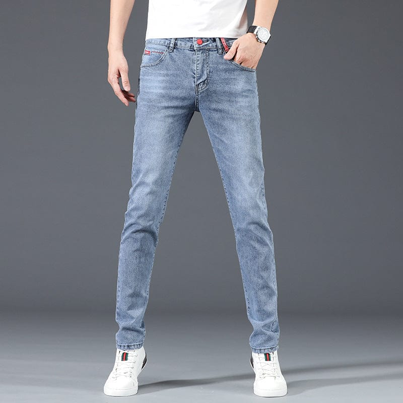 2021 autumn new light blue elastic foot slim denim men's pants fashion wild youth tidal brand casual pants