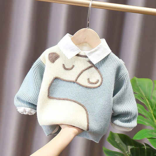 Boys sweater pullover children's knitted sweater thickened foreign style small and medium children's baby coat autumn and winter plus velvet thickening