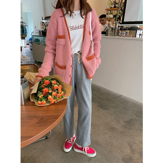 Ruiiiishi – cardigan coréen rétro, couleur contrastée, ligne épaisse, pull, col en v, vêtements amples, ensemble extérieur, nouvelle collection automne 2021