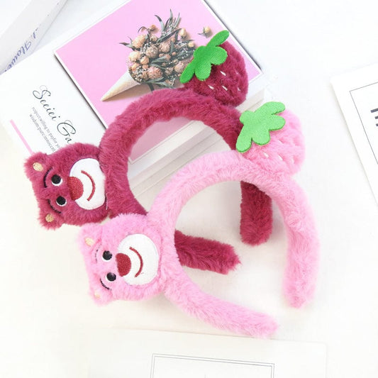 New Dragon Fruit Color Strawberry Bear Headband Internet Celebrity Plush Headband Cute Doll Cartoon Press Hair Wash Face Hairpin