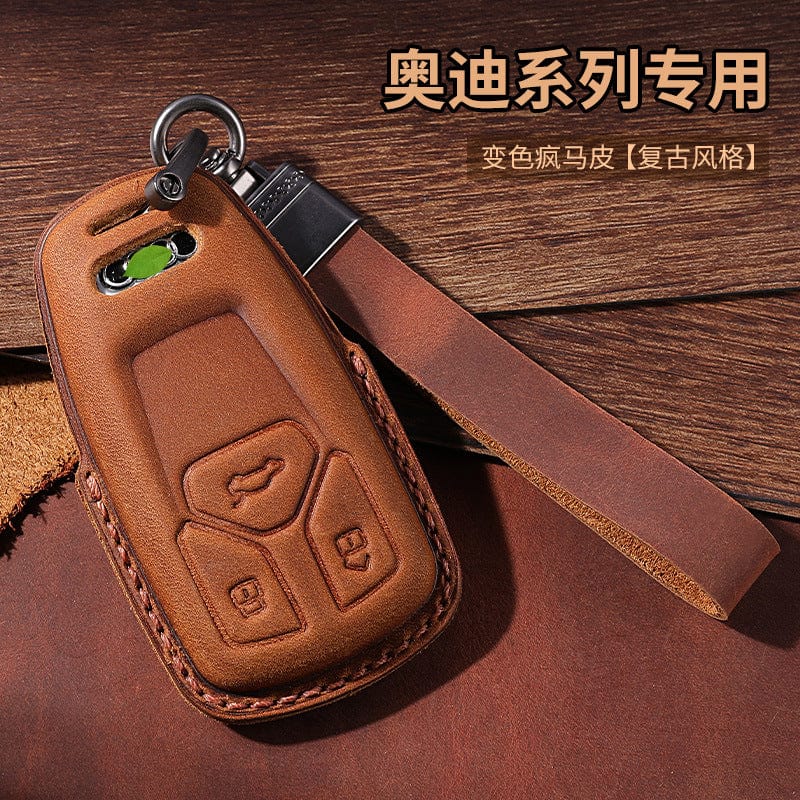 Crazy Horse Leather Car Key Bag Audi Key Set Handmade key pouch with key chain