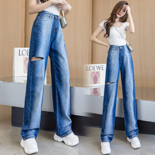 2021 autumn, new casual high-waist hole, long-legged jeans female Hong Kong flasks, loose land, straight pants tide