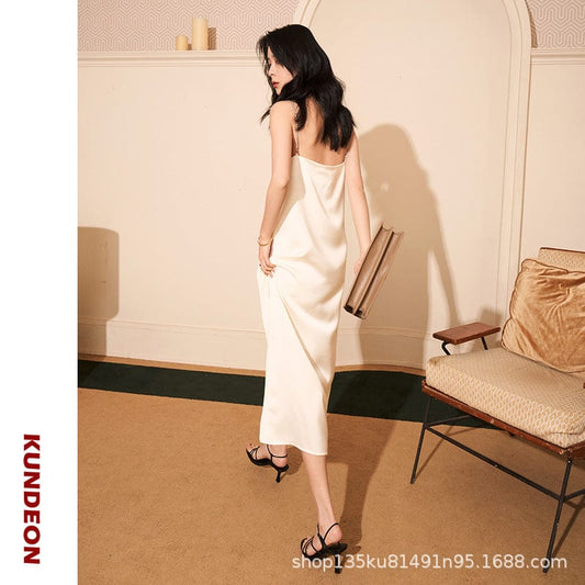 Temperament V-neck satin suspender dress female summer 2021 Korean drape mid-length inner skirt CX21K1055