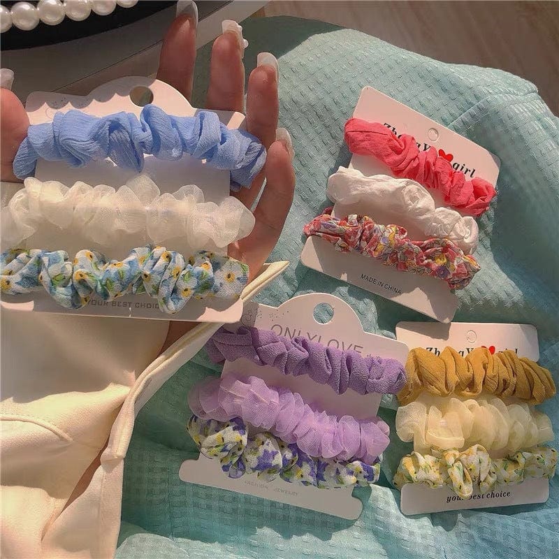 Early autumn combination large intestine hair ring 3 single floral small intestine small fresh blue pink hair rope hair rope