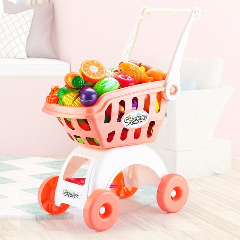 Small kid children passing home baby trolley toy boys girl supermarket shopping cart cut fruit