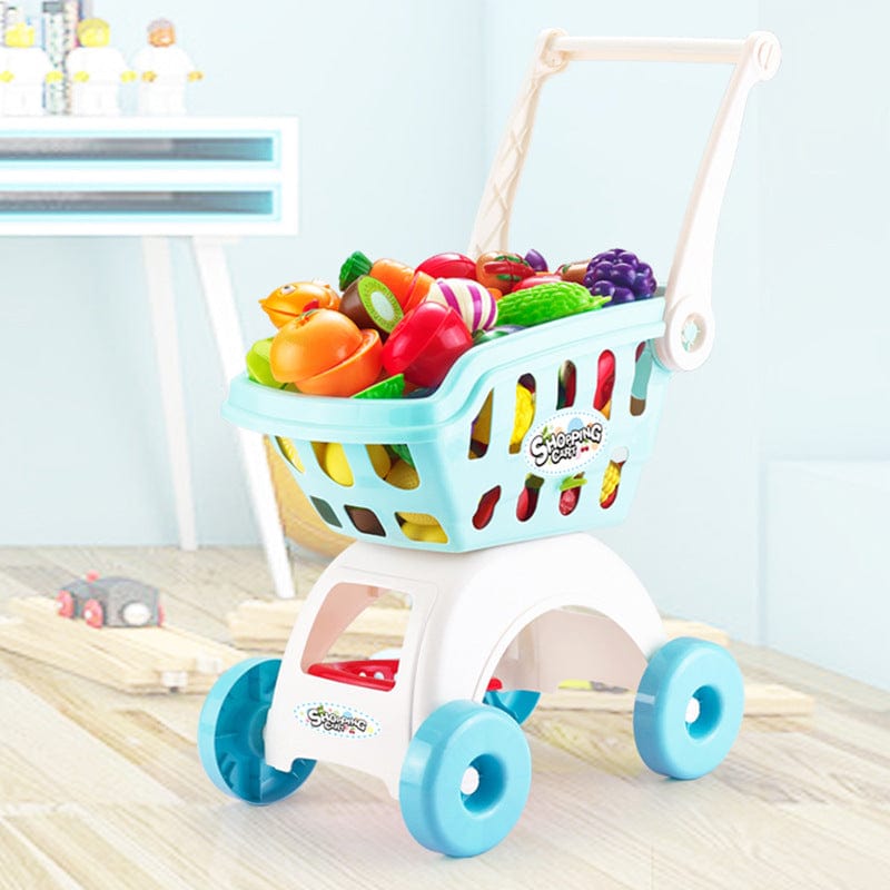 Small kid children passing home baby trolley toy boys girl supermarket shopping cart cut fruit