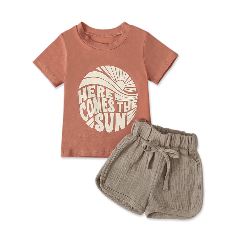 Children's European and American summer girls' alphabet print short-sleeved top + light brown shorts two-piece children's clothing ins