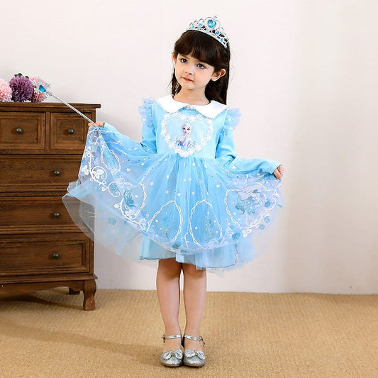 Ice Snow Qiyuan Princess Skirt Autumn and Winter Girls Dress Korean Edition Christmas Halloween Plus Velroce Skirt Children's Wear