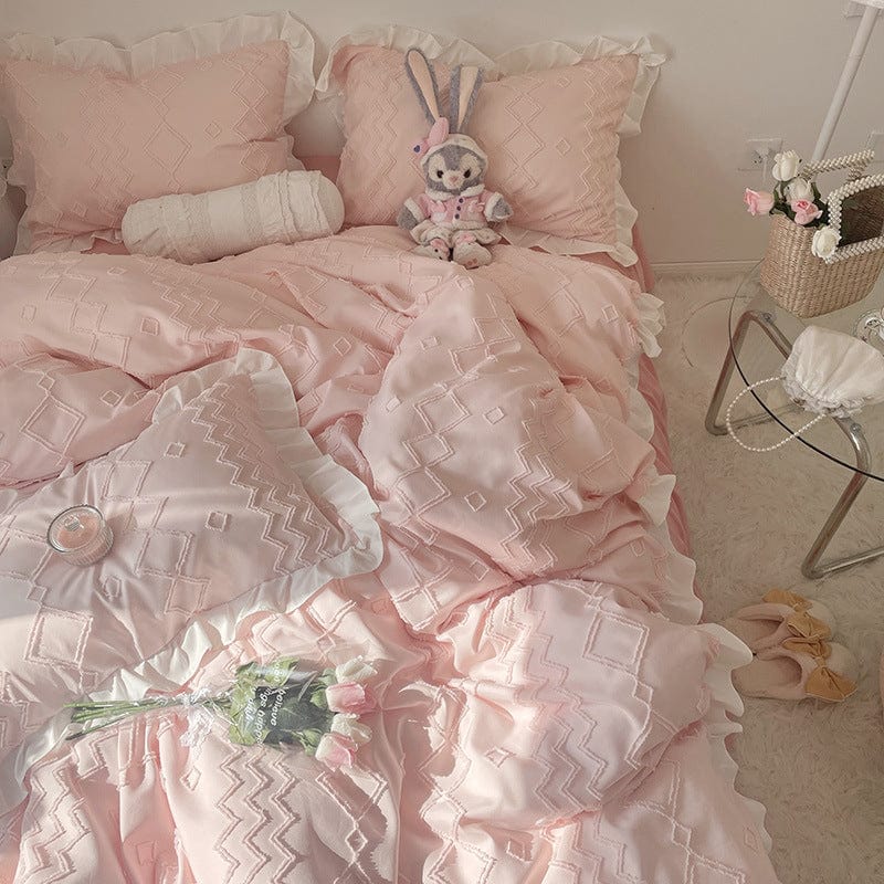 New high-end solid color brushed spring and summer three-dimensional cut flower princess bed sheet bed skirt four-piece set is soft, delicate and silky