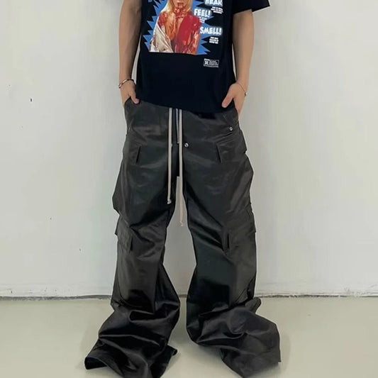 RO Style Matte PU Leather Pants for Men High Street Y2k Pantalones Hombre Baggy Overall Wide Leg Drawstring Cargo Pants
