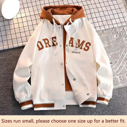 American Vintage Loose-fit Hooded Baseball Jacket For Men Autumn/winter High-end Feel Two-piece Illusion 2023 New Style