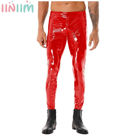 Mens Pole Dance Pants Zipper Crotch Trousers Club Party Stage Performance Wet Look Patent Leather Skinny Pants Clubwear Leggings