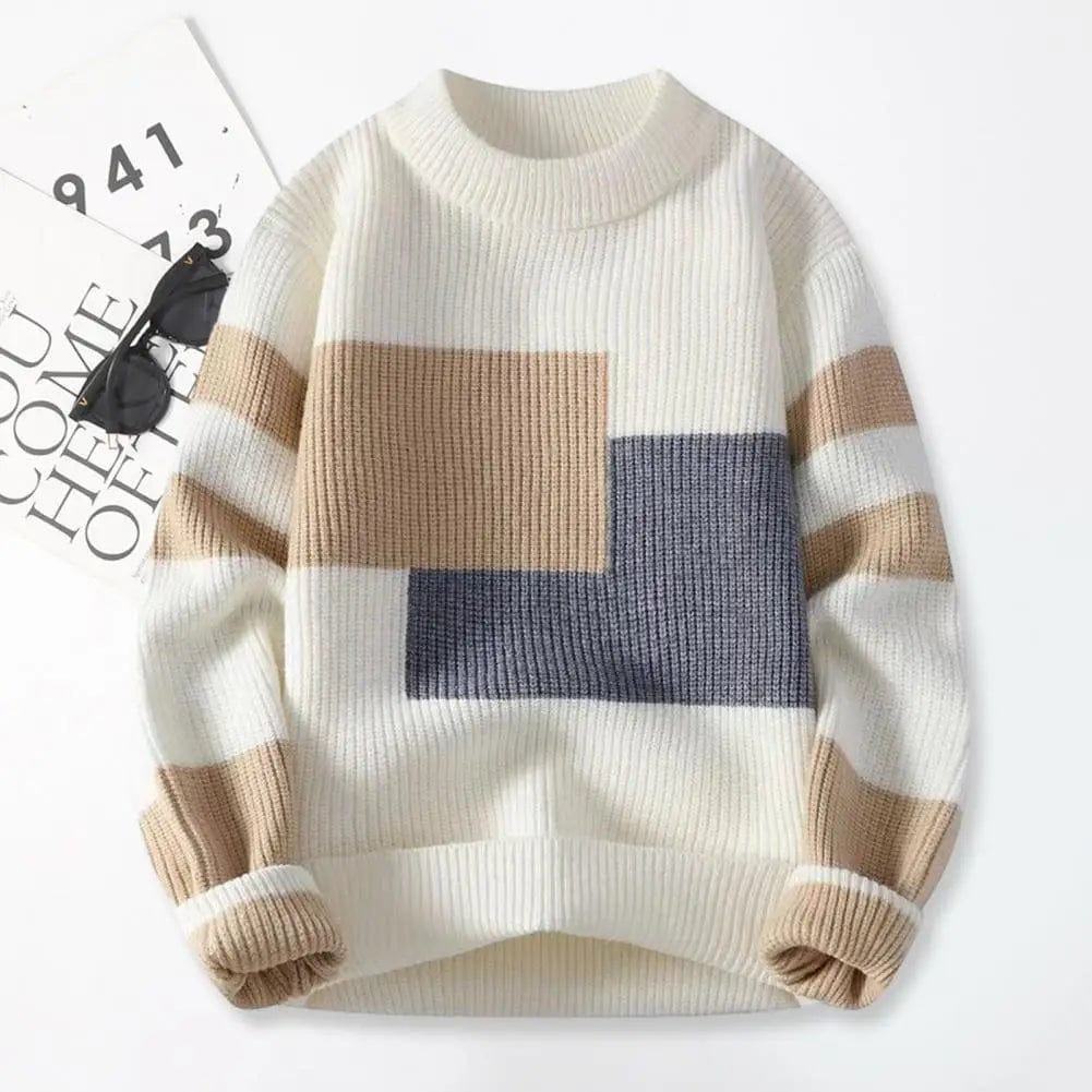 Fall Winter Men Sweater Colorblock Knitted Thick Loose Warm O Neck Long Sleeve Soft Pullover Elastic Streetwear Men Sweater