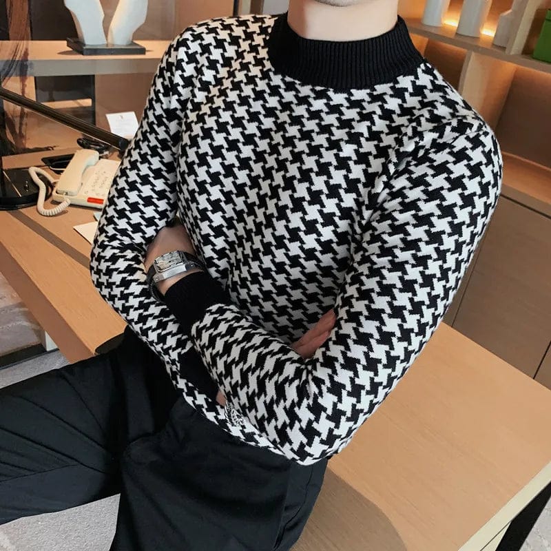 Houndstooth Men Half Turtleneck Sweater 2022 Autumn Winter Warm Casual Slim Fit Pullovers Homme Thickened Plaid Jacquard Sweater