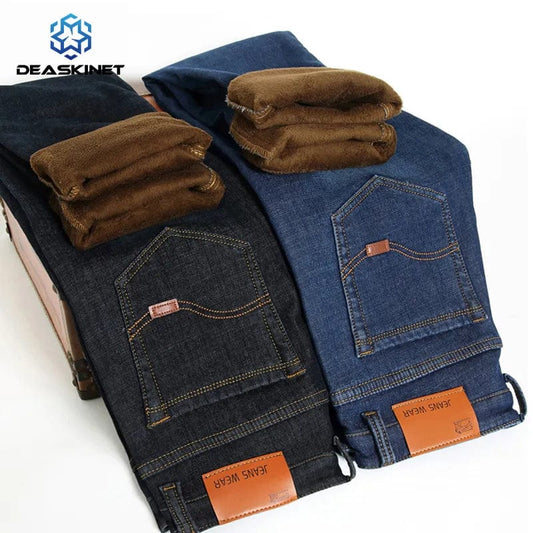 Men Winter Fleece Warm Jeans Brand 2023 Fashion Business Pants Retro Classic Denim Trousers Autumn Casual Stretch Slim Jeans Men