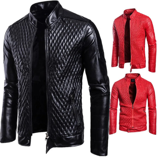 Men's Stand-up Punk Collar Slim Leather Jacket, Zipper Decorative Pu Coat, Biker Men Clothes, Casual Male Clothes, Spring, Autum