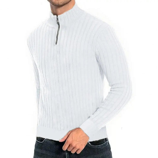Men Fall Winter Sweater Zipper Half-high Collar Solid Knitted Soft Warm Elastic Casual Pullover Striped Men Mid Length Sweater