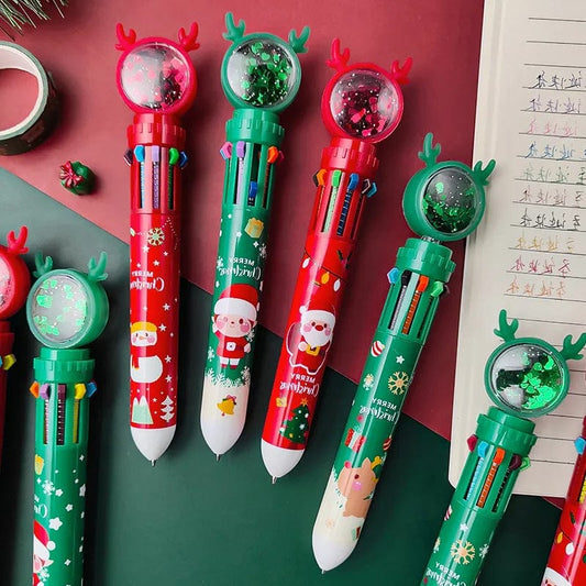 Bolígrafo navideño de diez colores, bonito bolígrafo de prensa, regalo de vacaciones para niños, decoración navideña para el hogar, adorno navideño