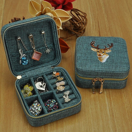 Jewelry Box Small Size Princess Simple Embroidery Vintage Earrings Ear Stud Necklace Ring Hand Jewelry Portable Travel Storage