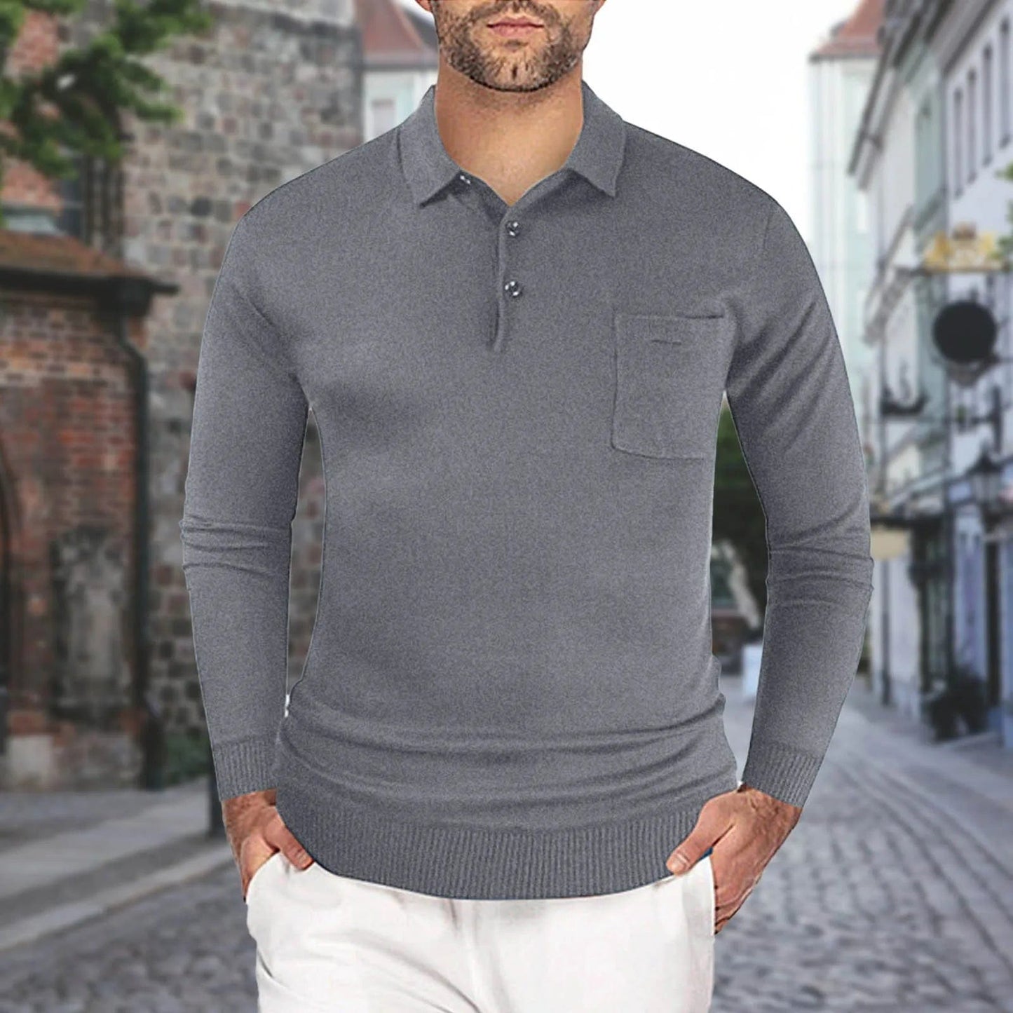 Men'S Button Lapel Sweater Warm Pullover T-Shirt Button Solid Casual Slim Sweater