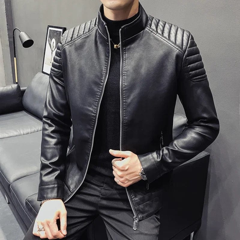 Autumn Mens Fashion Brand Leather Jacket Solid Color Stand Collar Slim Biker Coats High Quality Men Windproof PU Leather Jacket