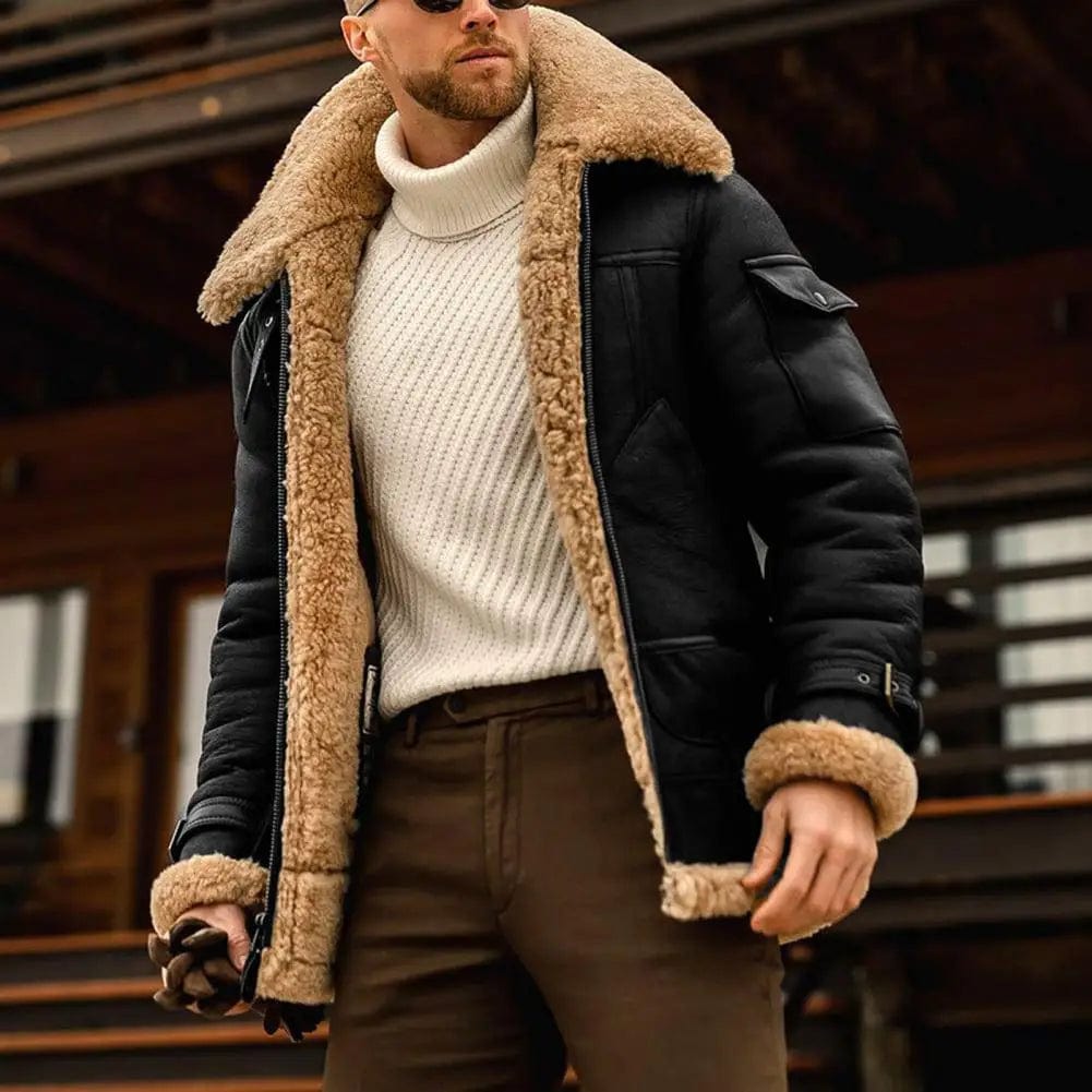 New Fashion Men's Fleece Jacket Turn Down Fur Collar Thick Coats Thicken Warm Leather Outwear Male Winter Streetwear Windbreaker