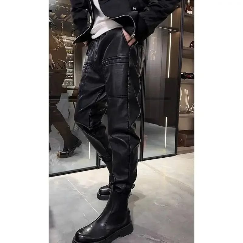 2024 Winter High-end Trend Fleece Thickened Leather Pants Men's Waterproof Casual Pants Six Pocket Biker Rider Small Foot Pants