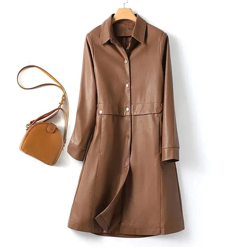 Elegant Women's Medium-length Waist-fitted Fashionable Leather Coat For Autumn 7744