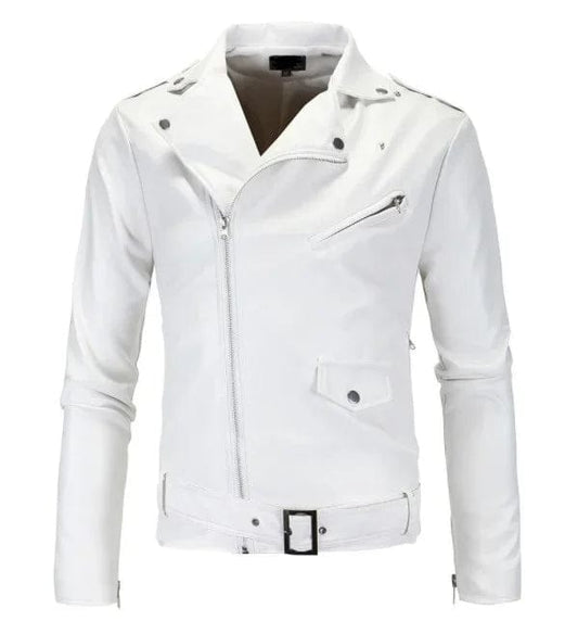Mens Leather Jackets 2023 New White Black Casual Lapel Slim Fit Diagonal Zipper Motorcycle PU Leather Jacket Coat Mens Clothing