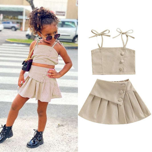1-6Y Solid Strap Lace Up Vest Tops+High Waist Pleated Skirts