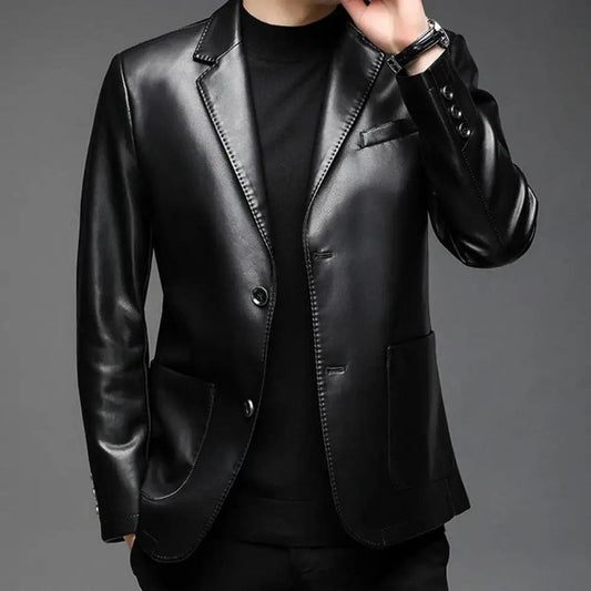 Men Jacket Fashionable Buttons Stylish Lapel Collar Men Outwear Trendy Fake Leather Men Coat