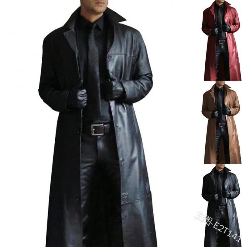 Men's Leather Trench Coat Vintage British Style Windbreaker Handsome Solid Color Slim-fit Overcoat Long Jacket Size S-5XL