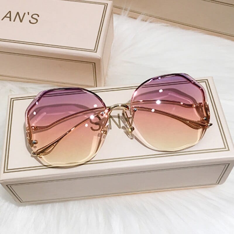 Irregular Round Sunglasses Women Brand Designer Gradient Fashion Sun Glasses Rimless Metal Curved Temples Oculus