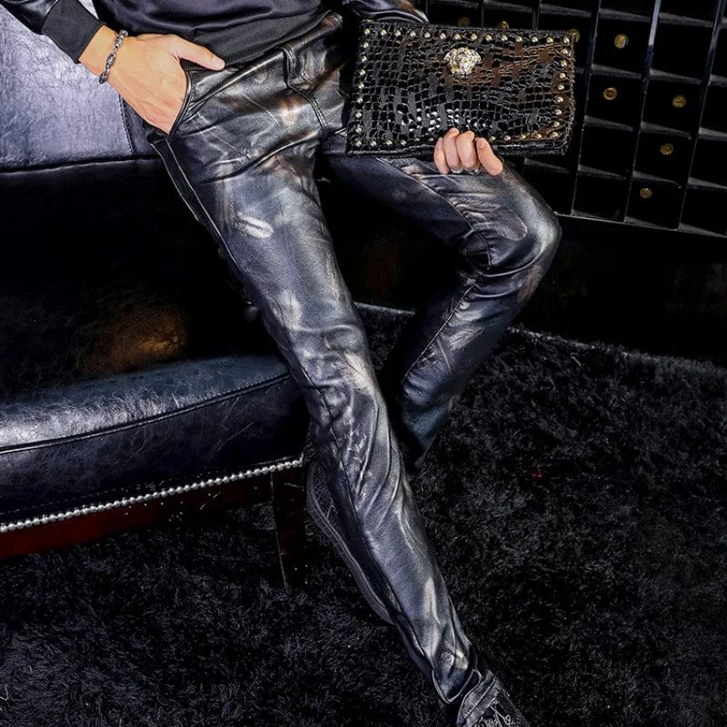 New Blue Feather Leather Pants Men's PU Leather Velvet Warm Motorcycle Pencil Pants Slim Fit Tight Trousers Pantalons Streetwear