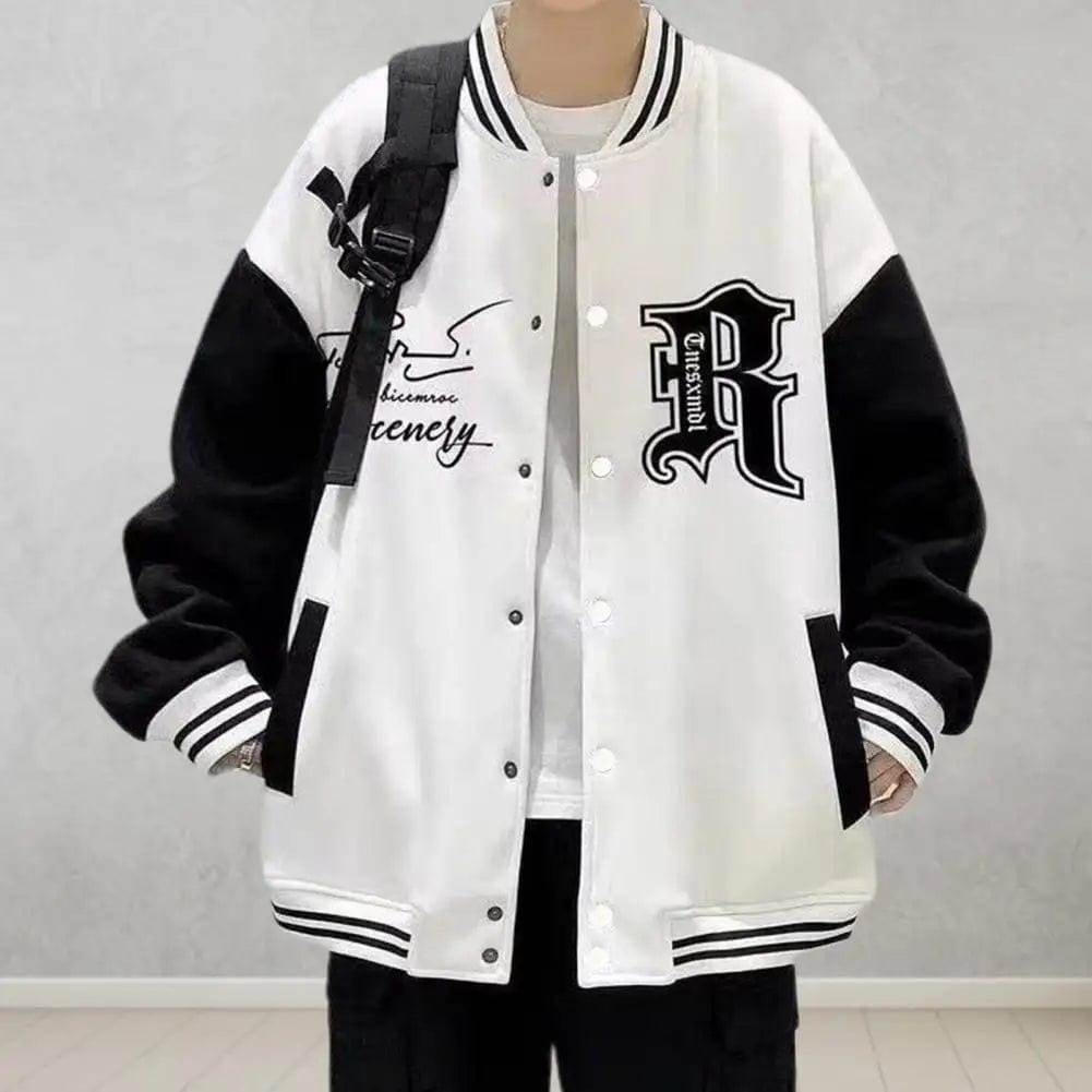 Fall Winter Men Baseball Coat Letter Print Loose High Street Style  Baseball Suit Elastic Striped Cuff Color Matching Men Jacket