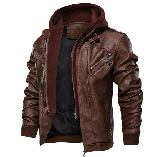 Autumn And Winter Vacation Two Piece Leather Coat Men's Hooded Motorcycle Leather Jacket Detachable Hat Coat Punk Rock Coat